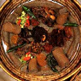 A delicious tray of injera and relishes