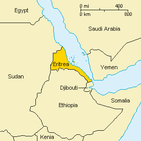 Eritrea - Map of East Africa with the position of Eritrea relative to its neighbors Sudan, Ethiopia, Djibouti, Saudi Arabia, Yemen and the Red Sea