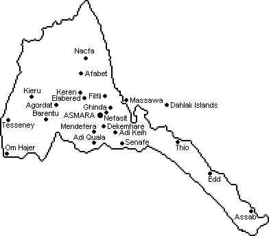 Map of Eritrea showing the positions of the most relevant Eritrean towns and villages.