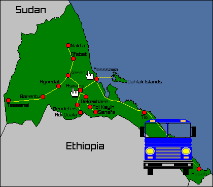 Map of Eritrea - Intercity transport in Eritrea by public bus - main routes.