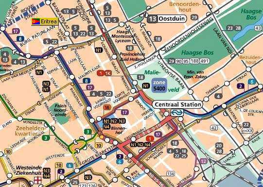 Tram- en buslijnen naar de Embassy of the State of Eritrea in Den Haag - Fragment uit de plattegrond van Den Haag (HTM)