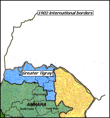 ethiopia-tigray.gif (78.052 bytes) Proof of Ethiopia's illegal map - the new map of Ethiopia and greater Tigray - projected on existing  map of Eritrea published by the CIA