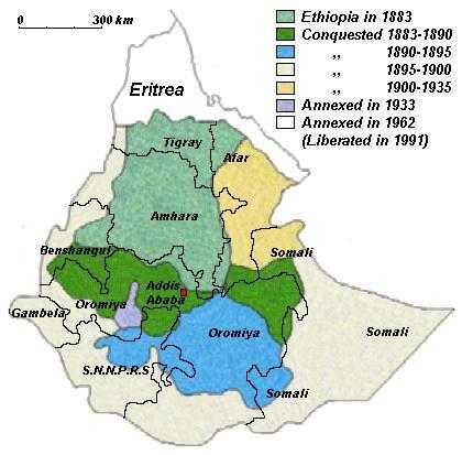 ethiopia.jpg (25.924 bytes) History of Ethiopian imperialism - the subsequent annexation of Oromo, Somali, Afar and Eritrean territory