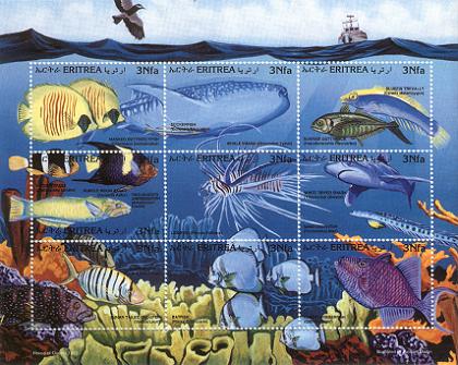 Readsea2.jpg (56.560 bytes). Fauna of the Red Sea. Series of stamps issued by the Eritrean Postal Services, dedicated to the fauna of the Eritrean Dahlak Islands,  famous for their diving opportunities.